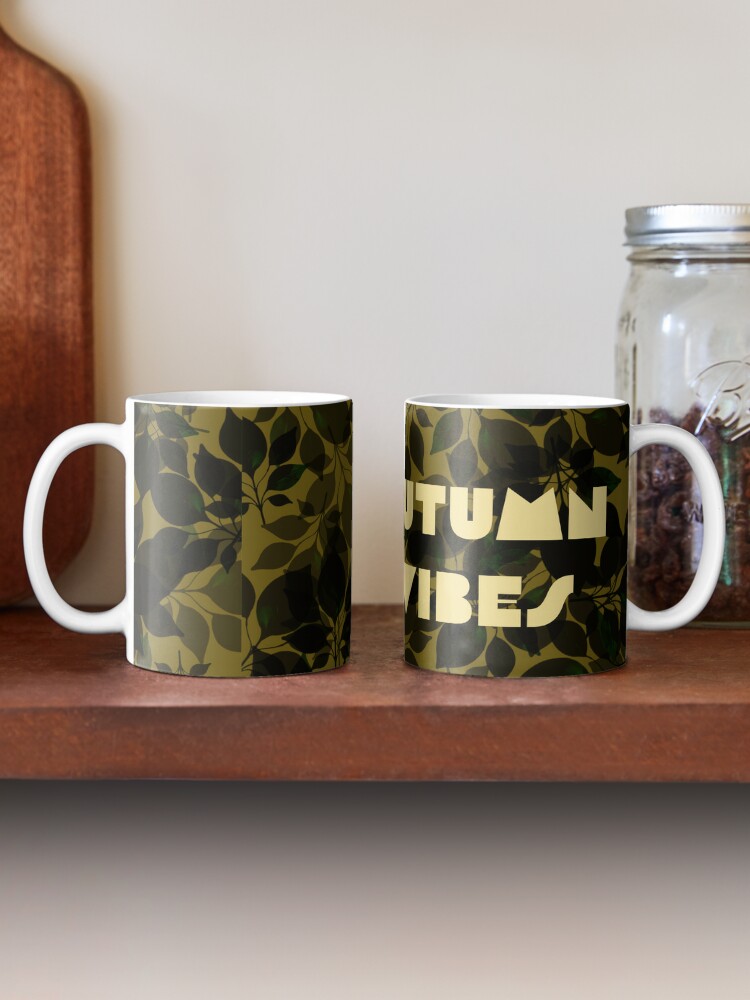 "Autumn Vibes" inscription in autumn style. Black ,khaki, ivory. Coffee Mug - www.lacoo.eu